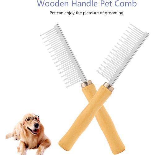 Stainless Steel Long Wooden Handle Pet Dog Cat Comb Grooming Brush Hair Removal Single Row Straight Comb for Small large dog cat