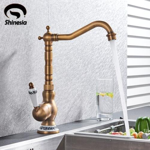 Shinesia Vintage Antique Brass Kitchen Faucet Single Handle Single Hole 360 Degree Swivel Hot And Cold Water Mixer Tap