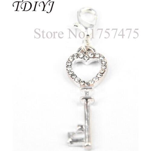 TDIYJ Hot Sale Fashion Alloy Silver Plated Heart Key Dangle Charms with Crystals fit Floating Locket Pendants 10pcs/lot