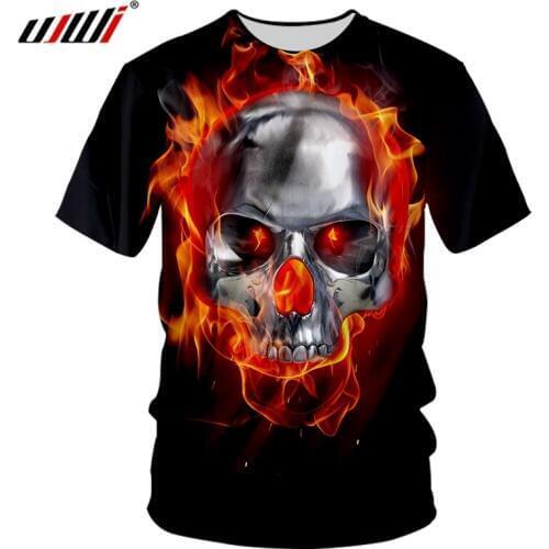 UJWI Mens Hip Hop Red Polyester O Neck Tshirt 3D Printed Creative Flame Skulls T-shirt Man Tee Shirt Streetwear Wholesale