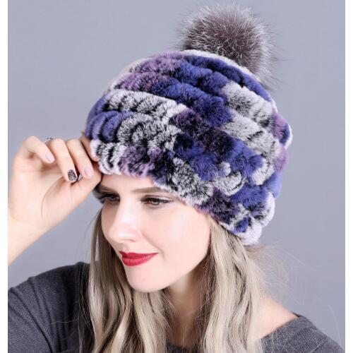 Outdoor Women Warm Soft Genuine Rex Rabbit Fur Hat Knitted Natural Real Sliver Fox Fur Caps Winter Real Rabbit Fur Beanies Hats