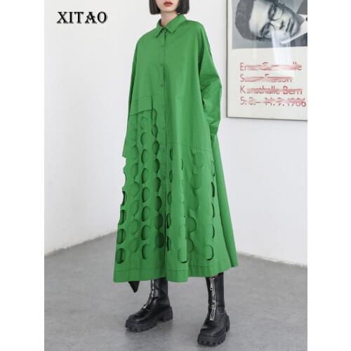 XITAO Patchwork Button Solid Dress Women 2021 Autumn Casual Fashion Style Temperament All Match Turn Down Collar Dress WMD2553