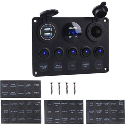 Dual USB Socket Charger LED Voltmeter 12V Power Outlet 5 Gang ON-OFF Toggle Switch Panel for Car Boat Marine RV Truck