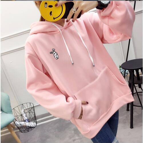 Kawaii Sweet Rabbit Ears Hooded Sweatshirt Women Embroidery Pink Hoodies Loose Loose Sleeve Tracksuits Pullovers Moletom