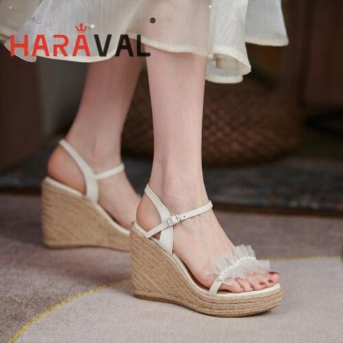 HARAVAL Women Sandals Shoes High Heels Casual Ankle Strap Solid Wedges Genuine Leather Handmade Buckle Strap Shoes Women B244