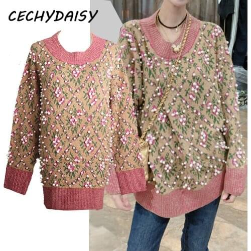 Vintage sweater women high quality beading o-neck loose casual autumn winter fashion knitted pullover jumper Clothing Traf Tops