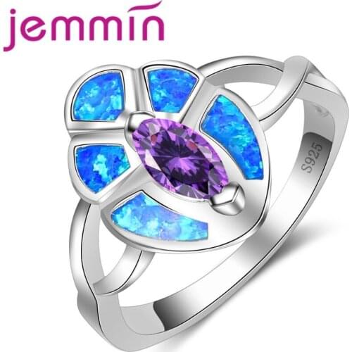 Women Flower Cross Ring Purple Crystal Stone Blue Fire Opal Ring Fine 925 Sterling Silver Jewelry Attractive Bijoux