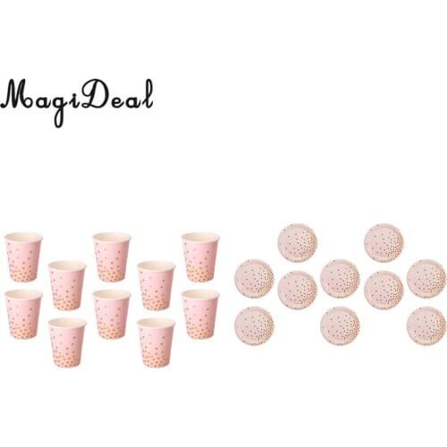 10 Set Glitter Gold Polka Dots Printed Paper Plates and Cups Baby Shower Wedding Birthday Party Disposable Tableware