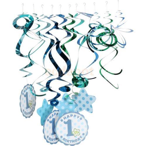 12 Pieces 1st Happy Birthday Foil Hanging Cutout Swirls Decoration Blue