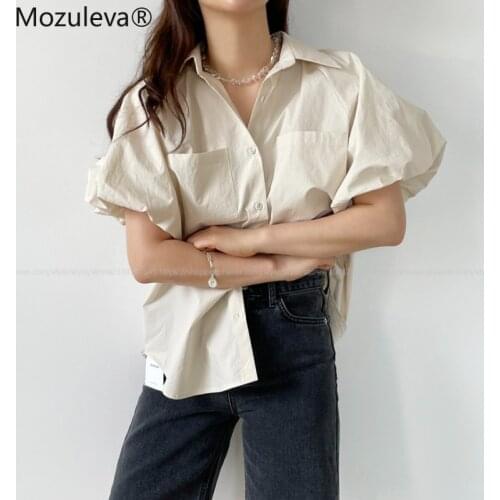 Bornladies Summer Turn-down Collar Ladies Solid Loose Blouses Shirts 2021 Women Single-breasted Puff Sleeve Shirts Ladies Tops