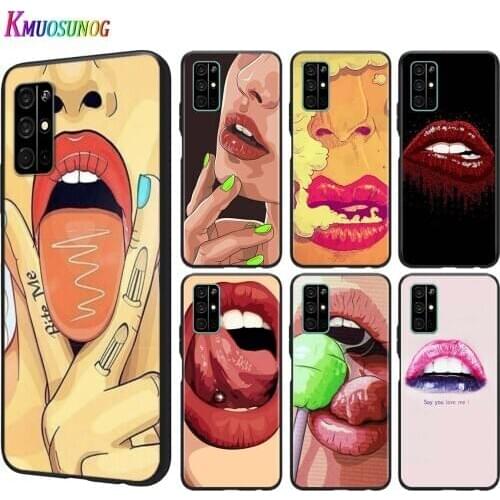 Silicone Black Cover Sexy Girl Red Lips for Huawei Honor 9A 9C 9S 9X Lite 10 10i 20 V20 20S 30 Pro Lite Phone Case