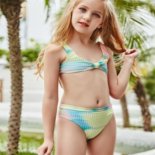 Kids Girls Swimsuit Sleeveless Tie-dye Print Top and Bottoms Set Fashion 2-piece Swimming Suit 2021 Kids Biquini Infantil Bikini