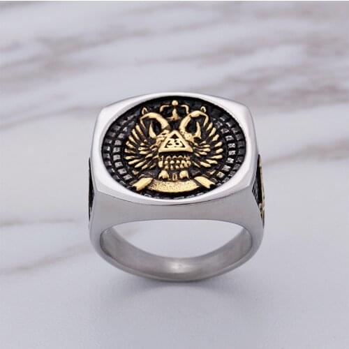 European and American Masonic Ring Mens Stainless Steel Double Eagle Head Popular Foreign Trade Jewelry