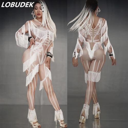 White Tassels Jumpsuit Big Stretch Bar Nightclub Female Singer Dancer Stage Performance Costume Long Sleeve Fringes Bodysuit