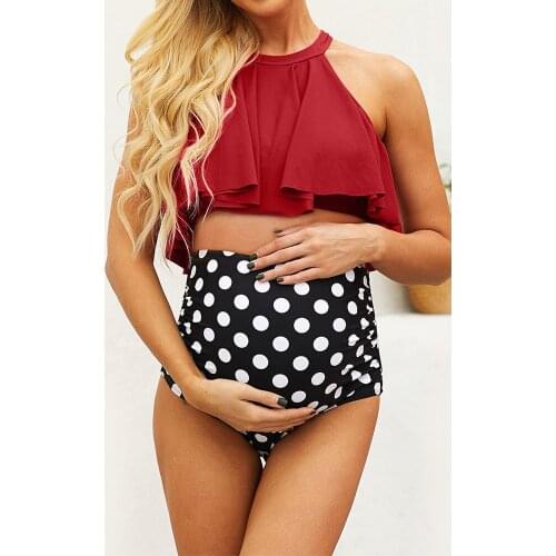 Mother-of-two Bikini Girl Polka Dot Print Lotus Leaf Side High-waisted Split Swimsuit Plus Size Womens