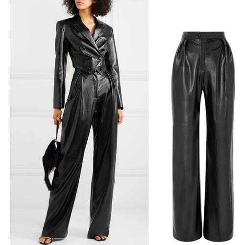 Can fit 200cm height full length pleated leather pants Spring female High Quality was thin wide leg pu leather Pants F839