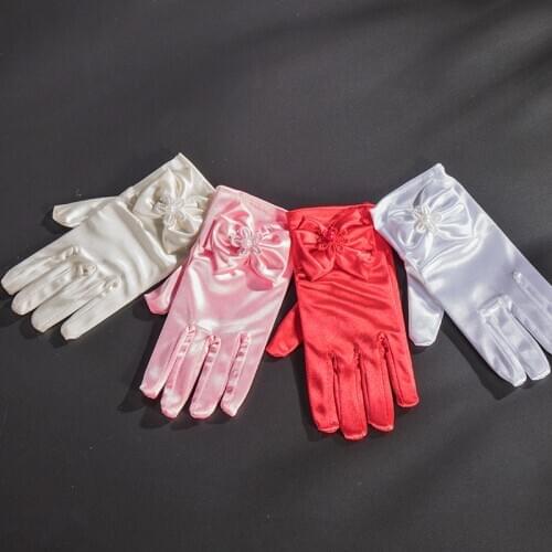 White Ivory Red Black Stretch Satin Gloves For Children Birthday Party Dress Girls Wedding Gloves Kids Finger Pearl Bow Gloves