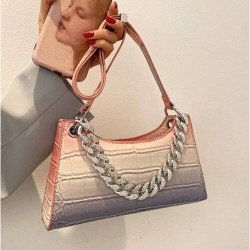 Gradient Color Shoulder Bag for Women 2021 Stone Pattern Pu Leather Top Handle Bags Fashion Thick Chains Purses and Handbags