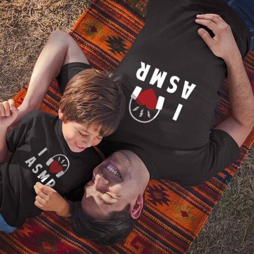 Love Cartoon Earphone Pattern Printing Dad And Child Round Neck Top Family Look Outfit Summer New Father And Son Letter