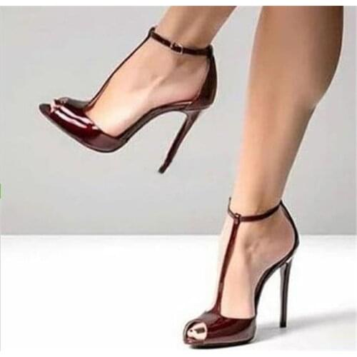 Summer Sexy T-Strap Women Peep Toe Patent Leather Stiletto Heel Pumps Wine Red Ankle Strap High Heels Formal Dress Shoes