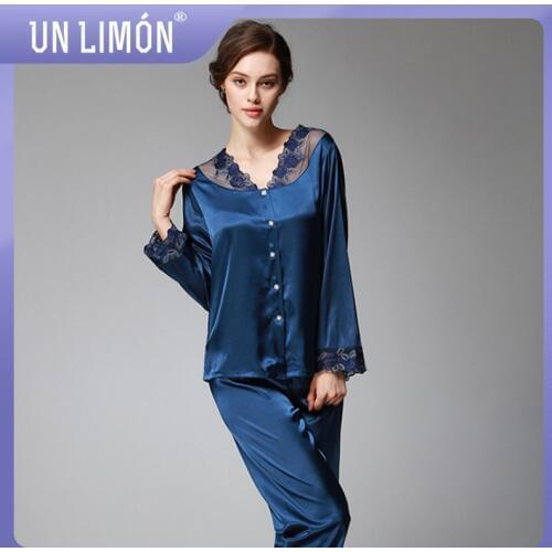 UNLIMON Women 2pcs Pajama Sets Faux Silk Sleepwear Long Sleeve Lace Top Pants