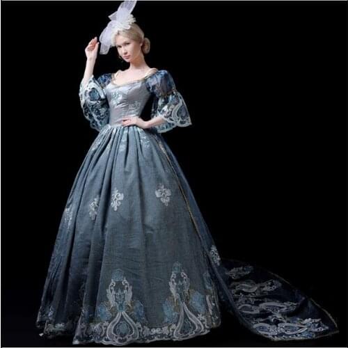Victorian dress French count dress Princess Trailing Embroidery retro 2.7KG Women Blue