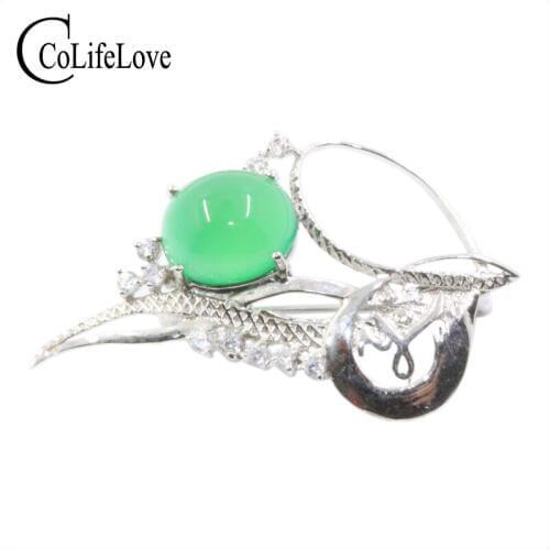 CoLife Jewelry Classic 925 Silver Chalcedony Brooch for Party 9*11mm Natural Green Chalcedony Brooch Sterling Silver Gemstone