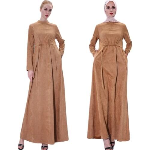 Suede Muslim Women Abayas Long Sleeve Autumn Winter Warm Long Dress Slim A-line Draped Turkish Dubai Robe Middle East Gown Party