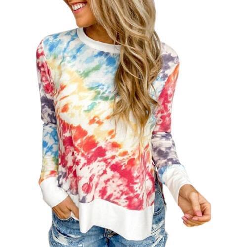 2020 Autumn T-shirt Women Long Sleeve O Neck Side Split Shirt Casual Loose Gradient Tie Dye Print Stitching Tops Large Size 5XL