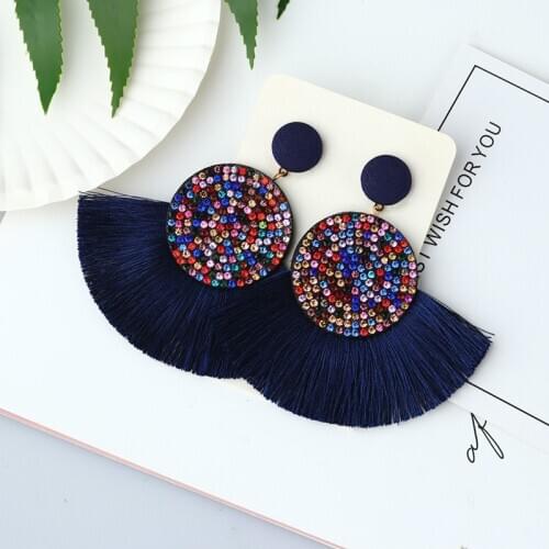 BICUX Bohemian Big Tassel Crystal Drop Earrings for Women 2019 Fashion Statement Jewelry Cotton Handmade Fabric Fringe Earring