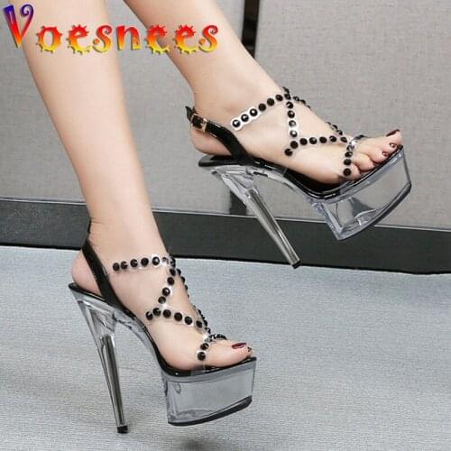 2021 Summer Stiletto Sandals Fashion Diamond Transparent PVC Women Shoes Hyaline Platform Steel Pipe Dance High Heels Size 41