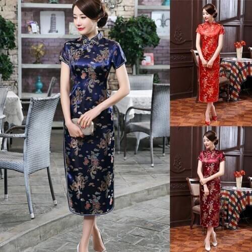 Women Short Sleeve Dragon Phoenix Print Chinese Cheongsam Banquet Midi Dress