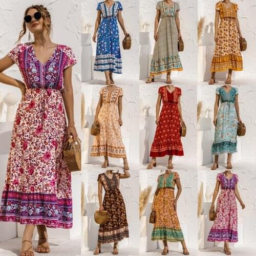 Bohemian Vintage Patchwork Floral Dress Short Sleeve Womens Summer Long Dress V-Neck Robe Longue Femme Maxi Dress Vestidos 2021