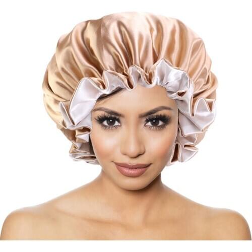 1pcs Extra Large Double-sided Reversible Satin Bonnte Hat Elastic Women Stain Night Sleep Cap Hair Bonnet Hat Shower Caps