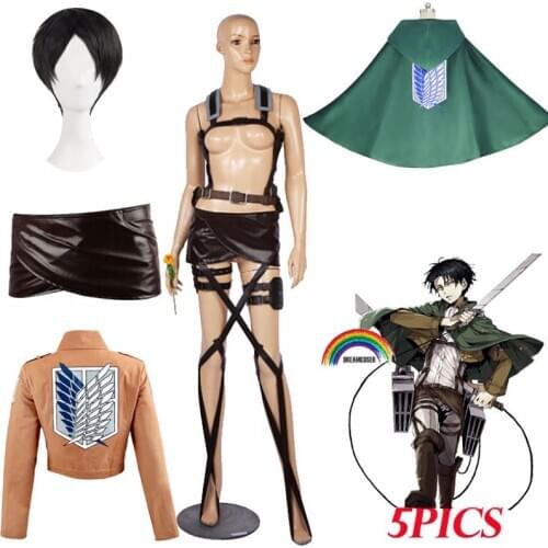 5 PICSLevi Ackerman Attack on Titan Shingeki No Kyojin Recon Corps Harness Belt Hookshot Costume Adjustable Jacket Skirt Wig