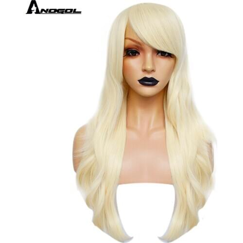 ANOGOL Brand Black Purple 613 Blonde Red Long Natural Wave Synthetic Wig with Bangs Heat Resistant Futura Fiber Wig for Women