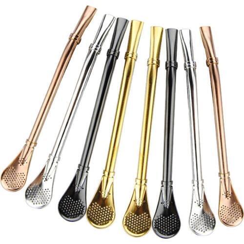 Free Shipping 12PCS Spoon Straws, Yerba Straw 4 color Tea Filter Colander Reusable Drinking Straws Stirring Steel Spoon