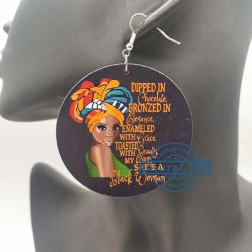 Free Shipping! Black Woman Wooden Printing Earrings