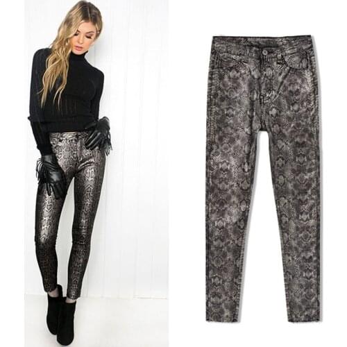 Spring Winter PU Leather Pants For Women Pants Trousers Women Sexy Snake Print Faux Pencil Pants Pantalon Femme