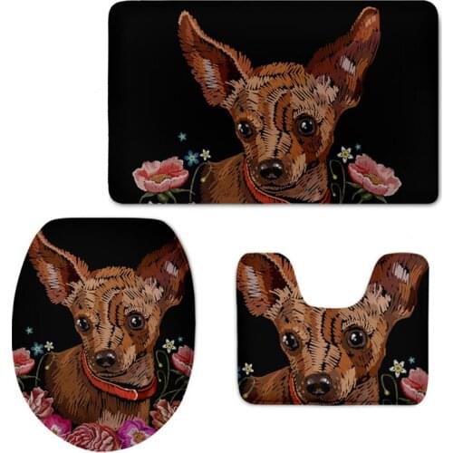 Flowers Embroidery Chihuahua Print Toilet Seat Cover Warm Soft Toilet Mat Bathroom Accessoriess Set 3Pcs/set Floor Rugs Carpets