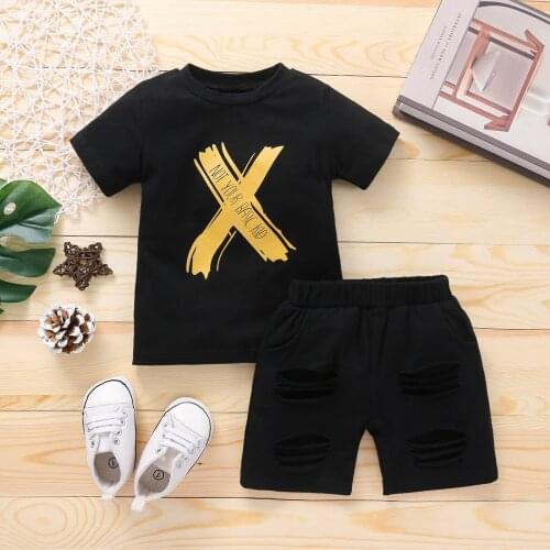 Citgeett Summer Kids Toddler Baby Girls Tracksuits Letters Print O-Neck Short Sleeves T-Shirt + Ripped Shorts Clothes Set