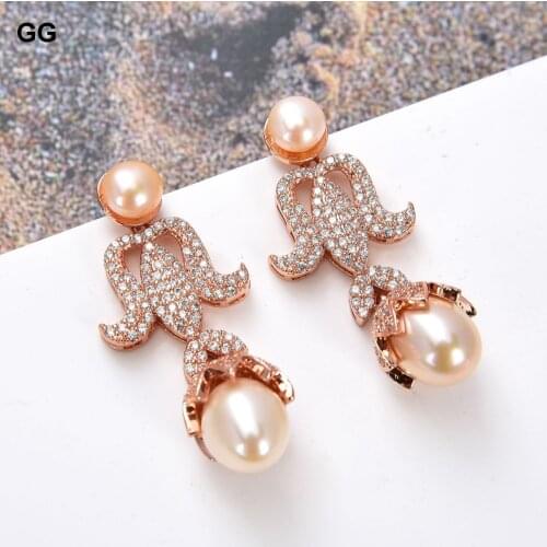 GuaiGuai Jewelry 1.5'' Natural Pink Pearl CZ Stud Earrings