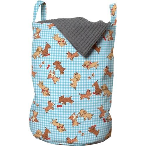 Dog Laundry Basket Checkered Square Backdrop Playful Puppies Organizer for Clothes Underwear Socks Toys Wash Bag & Home Storage
