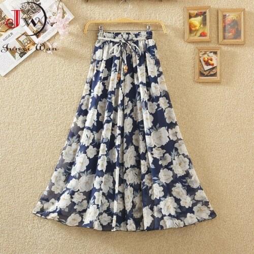 Fashion Women Summer Long Skirt 2021 Spring Ladies Floral Print High Waist Elegant Sweet Casual Chiffon Skirts Beach Faldas Jupe