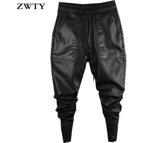 ZWTY Men`s Winter Warm Faux Leather Harem Pants Elastic Waist Drawstring PU Joggings Trousers For Male Punk Style