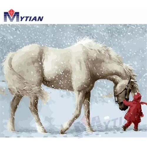 MYTIAN DIY Diamond Painting Little Girl Leading White Horse During Winter Diamond Embroidery Kit Walk in Snow Full Water Drill