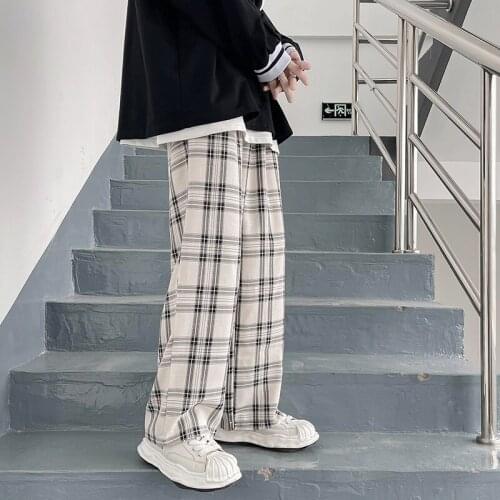 Autumn Cotton Plaid Pants Mens Fashion Retro Wide-leg Pants Men Streetwear Loose Hip-hop Straight Pants Mens Trousers M-2XL