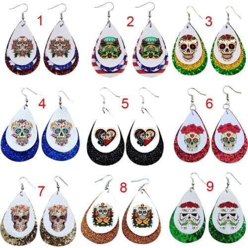 Sugar Skull Mexio Halloween Faux Leather Teardrop Earrings Day Of Death Layered Glitter Rose Flower Printed Earrings