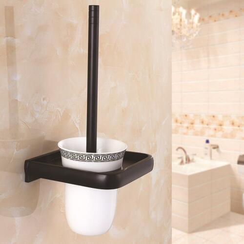 Toilet Brush Aluminum Black Bathroom Toilet Scrub Cleaning Brush Holder Set with brush Wall Mounted