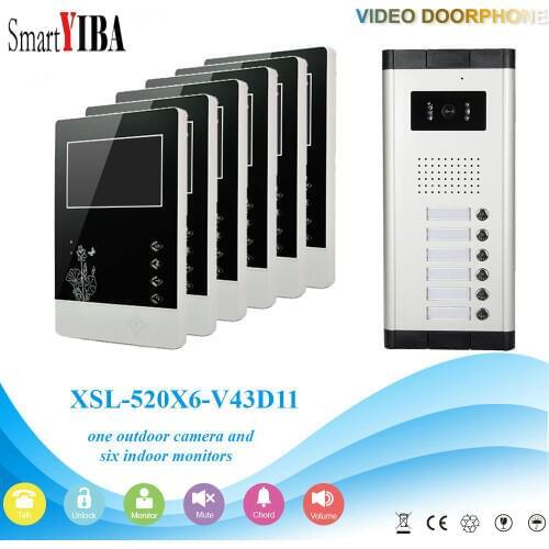 SmartYIBA 6 Units Visual Intercom Entry System IR Camera Doorbell Intercom Kits Multi Apartment Building Video Door Phone